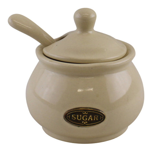 Country Cottage Cream Ceramic Sugar Bowl With Lid & Spoon-0