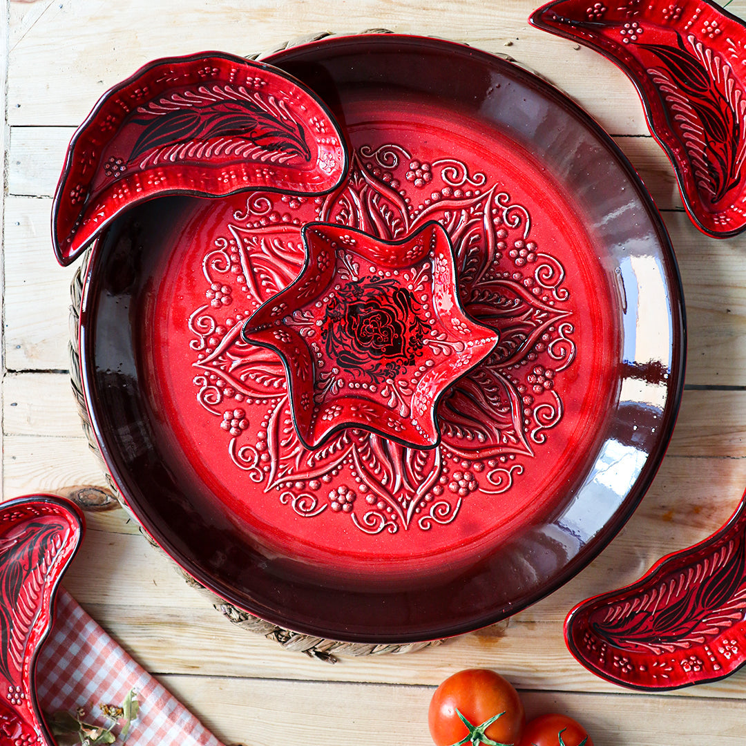 Handmade Ceramic Bowls Set of 1+7 Windmill Red 33cm-5