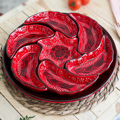 Handmade Ceramic Bowls Set of 1+7 Windmill Red 33cm-7